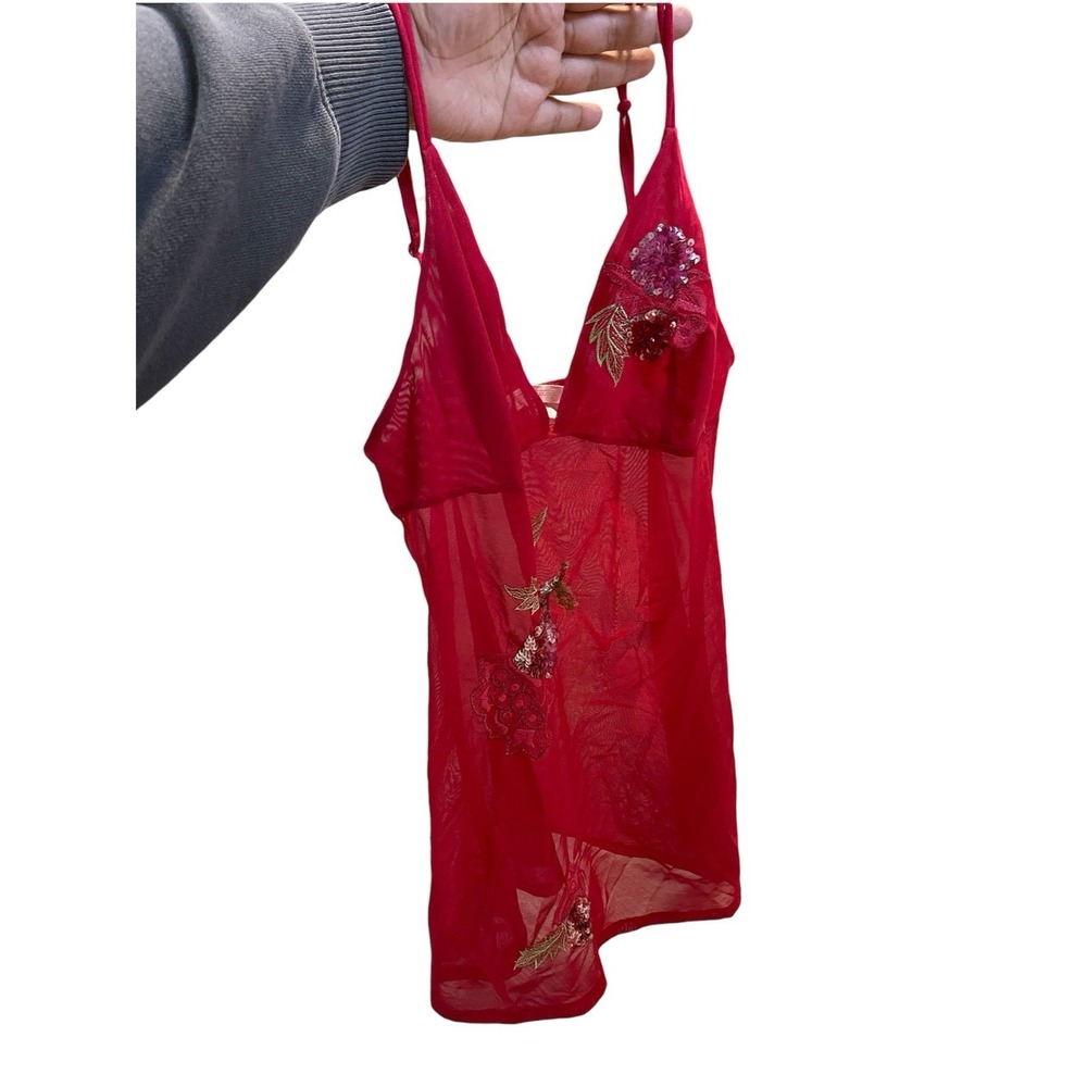Victoria's Secret Lingerie top‎ nighty Size S Sheer Mesh Red sequin embroidered